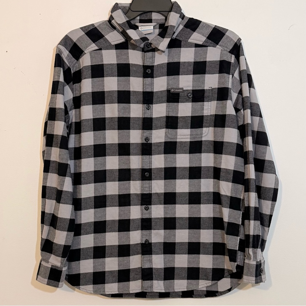 Columbia Black Gray Buffalo Plaid Stretch Flannel Button Up Shirt L